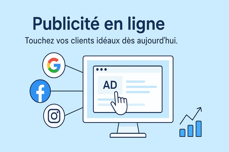 Visuel de publicité en ligne : clic sur annonce Google Ads entouré d’icônes Facebook et Instagram