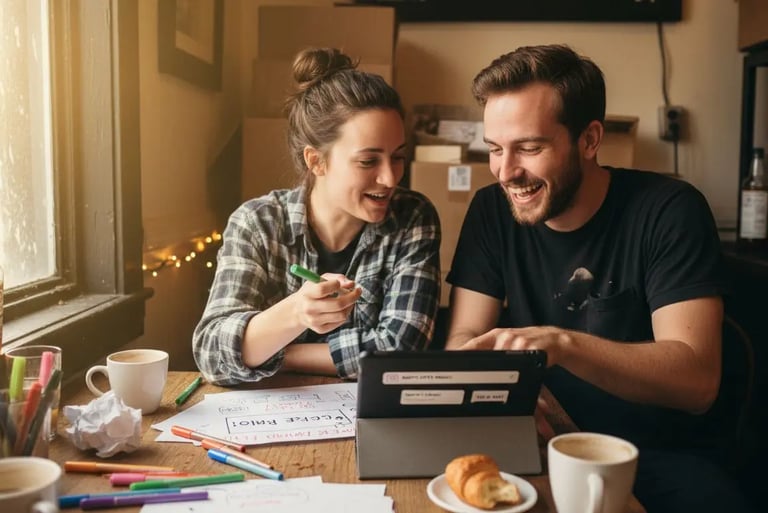 Coworkers brainstorming social content in café