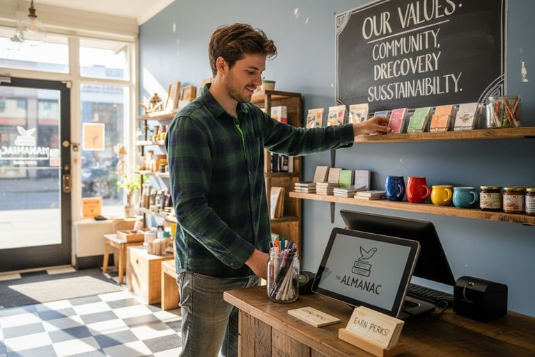 Owner arranging shelves showcasing store identity