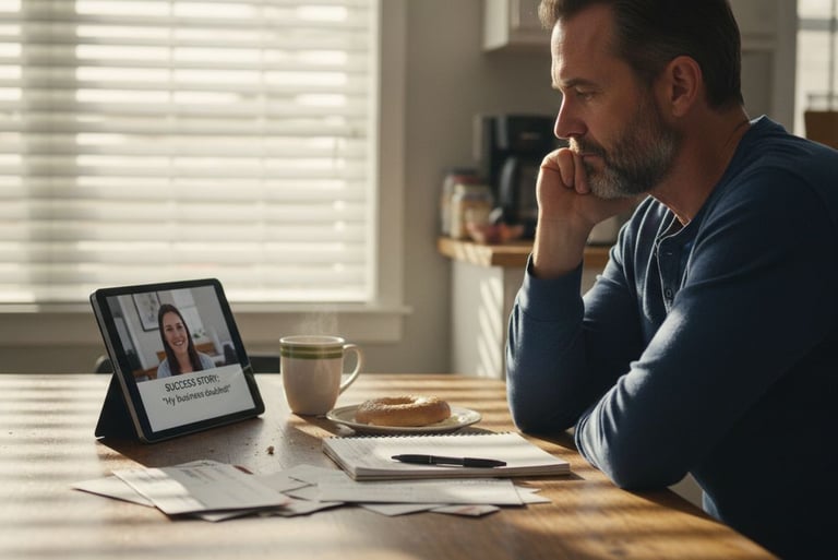 Customer watching testimonial video at home