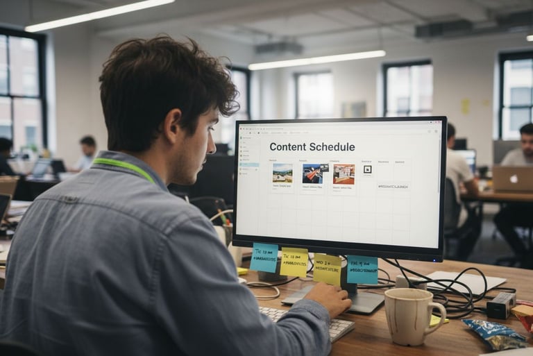 Person scheduling social media posts on desktop