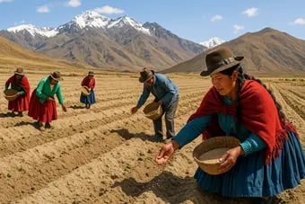 Andean farmers sowing quinoa seeds