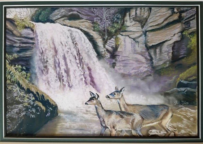 Pastel painting of two deer standing before a powerful cascading waterfall and rocky cliffs.