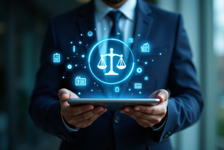 Geschäftsmann mit virtueller Waage als Symbol meine juristische Kompetenz