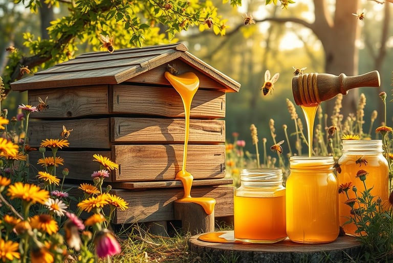 wooden beehive with honey dripping from the hive, lush  garden and wildflowers