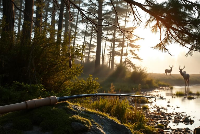 In the foreground, a handmade fishing rod is leaning against a moss-covered rock, while baited hooks