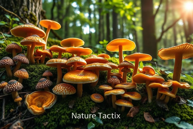 Wild medicinal fungi in a lush forest setting