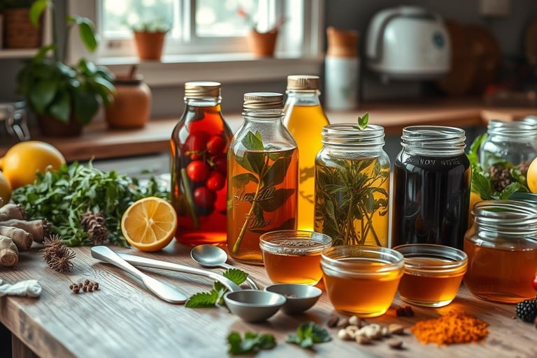 A cozy kitchen scene showcasing a variety of homemade herbal syrups in glass jars