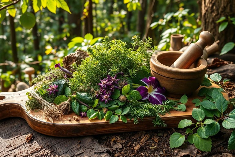 various herbs, mortar and pestle on wooden cutting board