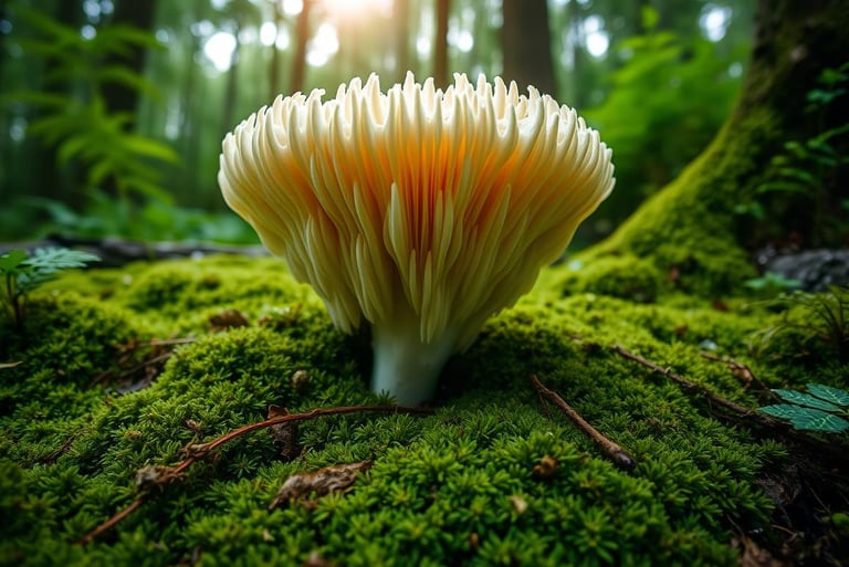 Lion's mane mushroom on a mossy forest floor