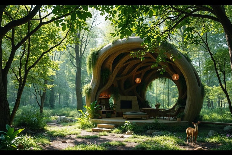 nature inspired architecture of shelter in forest, rounded shape