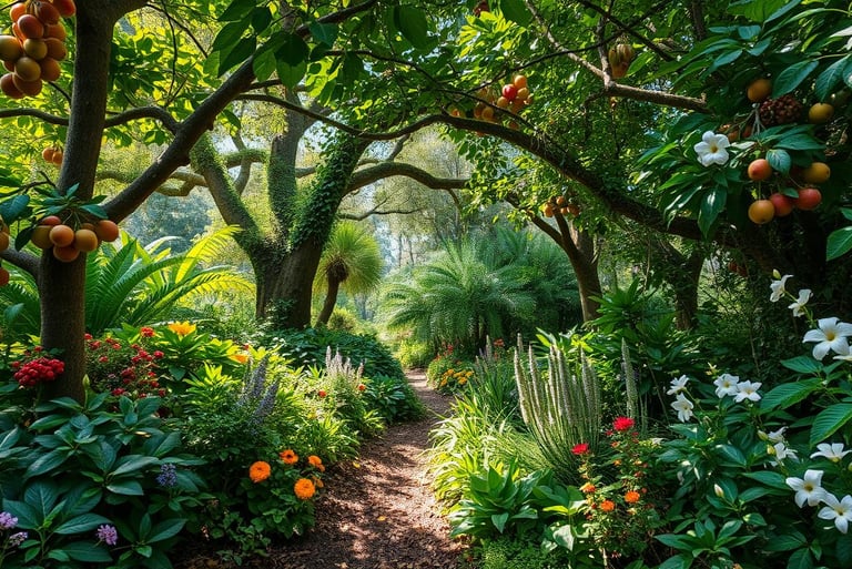 A lush, vibrant food forest with a diverse array of fruit and nut trees, berry bushes, and edible pl