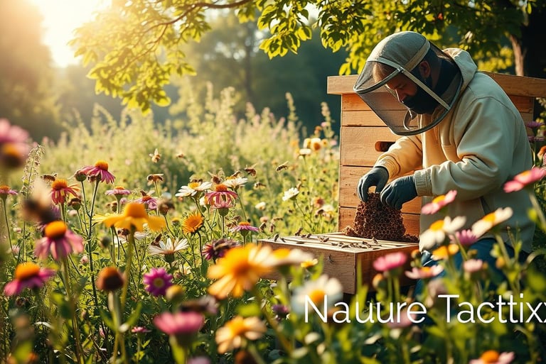 a vibrant, well-maintained beehive surrounded by blooming wildflowers, with a beekeeper in a suit 