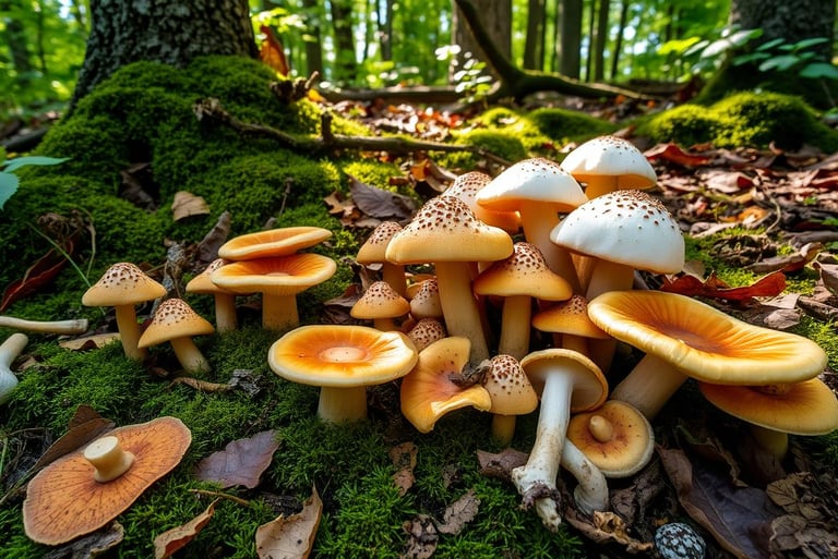 scene of forest floor with variety of edible mushrooms