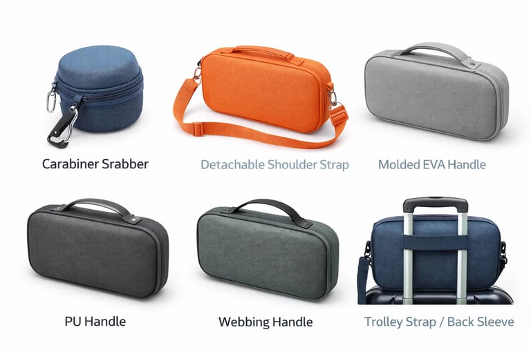 Molded EVA carrying cases in various colors featuring carabiner, shoulder strap, and trolley sleeve.