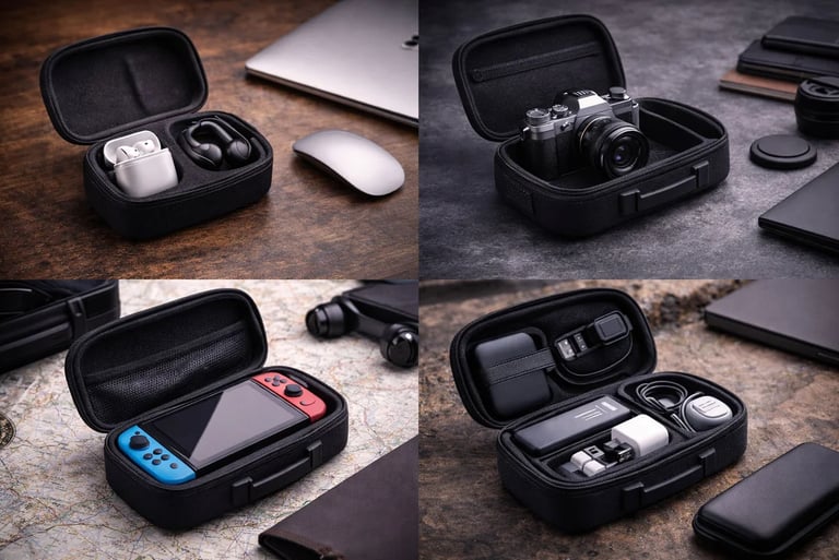 Black hardshell travel case organizing a camera, gaming console, and electronic accessories.