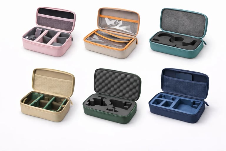 Assorted portable hard shell travel organizer cases with customizable foam and mesh pockets in various colors.
