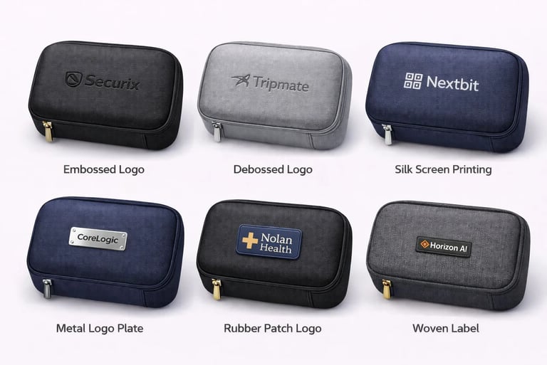 Six custom tech organizer pouches showcasing branding methods like embossed, metal plate, and rubber patch logos.