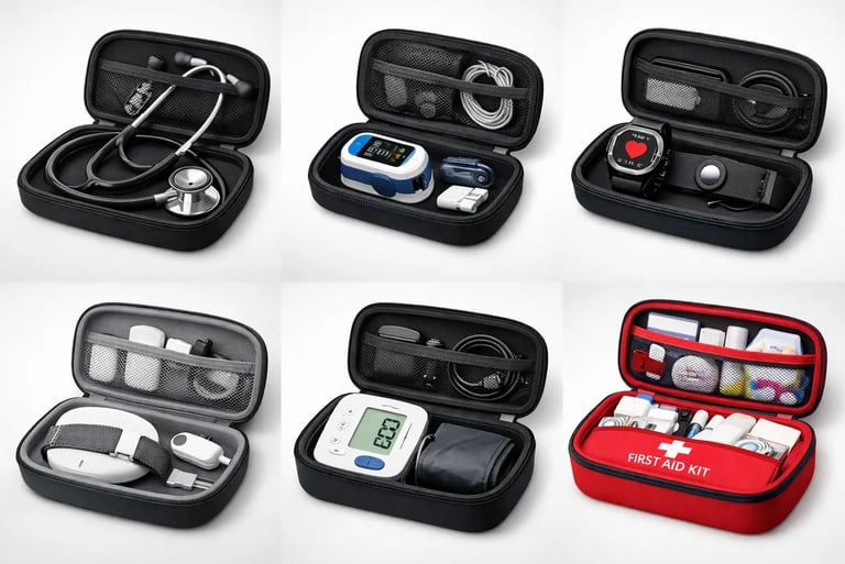 Portable medical hard cases for a stethoscope, pulse oximeter, blood pressure monitor, and first aid kit.