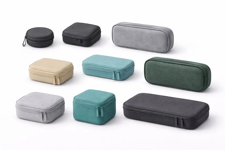 Collection of various hardshell travel cases and tech organizers in multiple colors and sizes.
