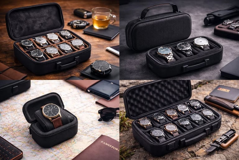 Portable black travel watch case organizer for multiple wristwatches with secure padded slots.