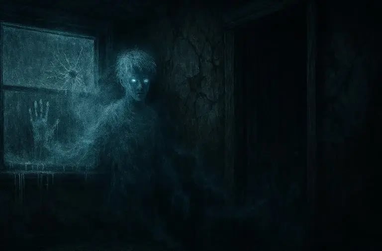 Wide horror illustration of a prison hallway with frost creeping along the walls, ghostly handprints glowing on cell doors