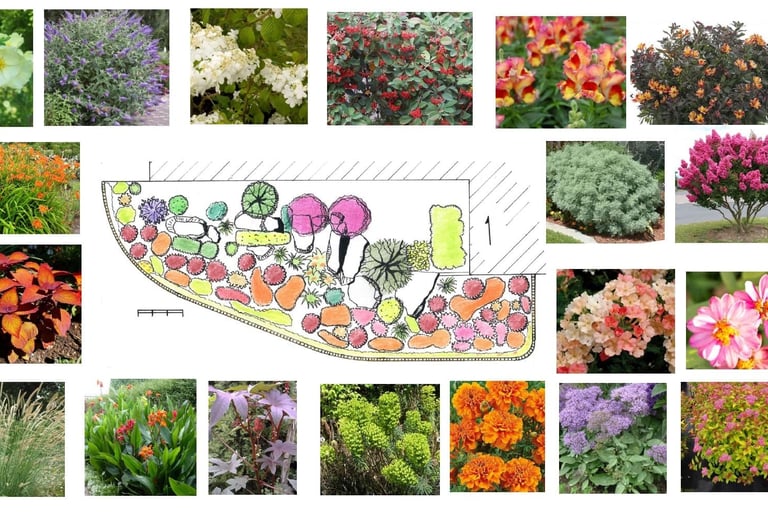 Gamme vetale de fleurs et arbustes pour un massif fleuri devant un immeuble