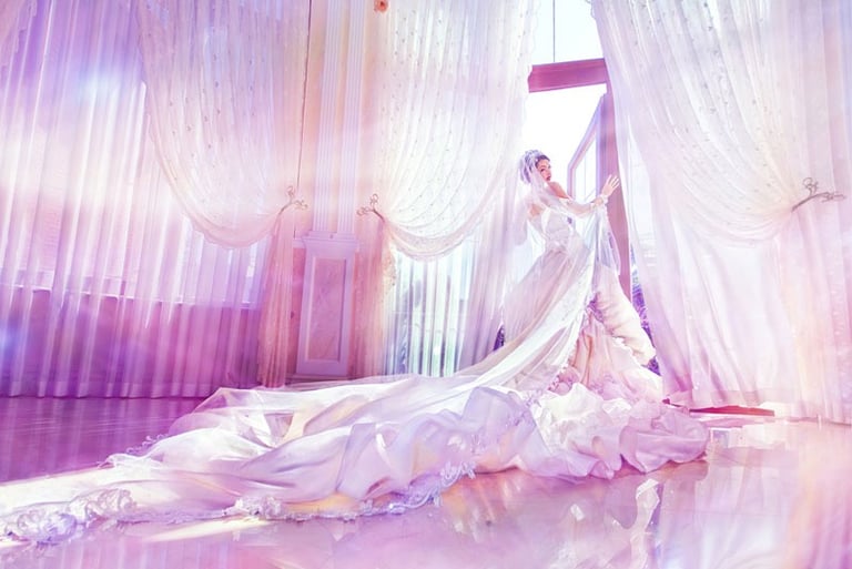 a woman in a wedding dress on the floor in koh samui hotel