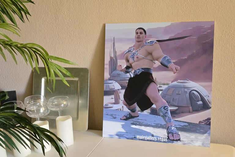 sci-fi cosplay commercial art print shown in context placed on a table against a wall