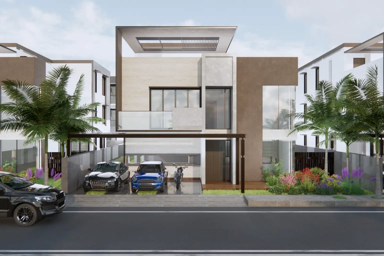 Street view of stylish greek model villas