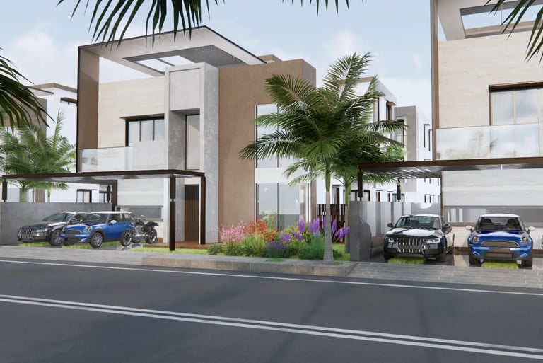 Fortune Hestia premium villas with rooftop pergolas, tropical greenery, and private parking