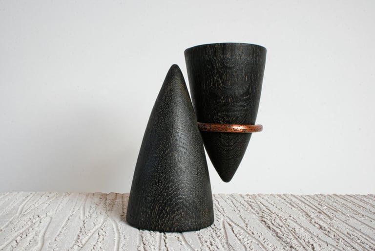 Oak wood sculpture Ditchling East Sussex. Copper design. Brighton. Vase.