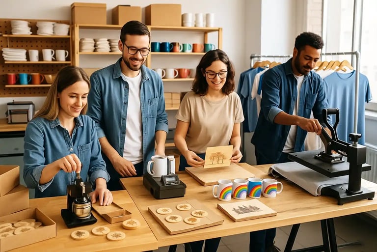 Equipo trabajando en la personalización de artículos promocionales De Tú a Tú