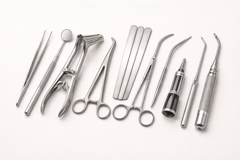 ENT instruments like forceps, probes, and curettes on a white background.