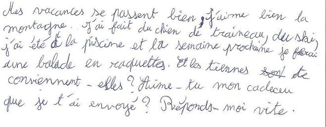 écriture d'une fille de 10 ans avant la graphothérapie