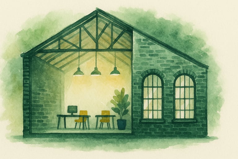 Watercolor illustration of a historic warehouse conversion Tampa Bay