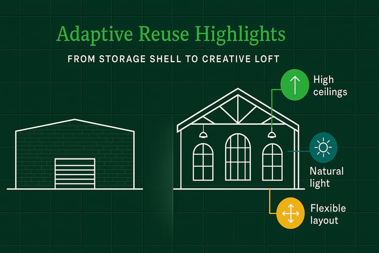 Adaptive reuse highlights for historic warehouse conversion Tampa Bay infographic showing storage 