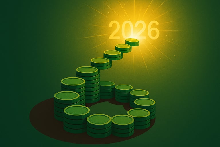 a stack of coins with a bright yellow light shining over a stack of coins