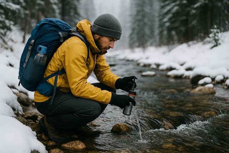 Backpacker crouching by a snowy mountain stream using a portable water filter to purify drinking water
