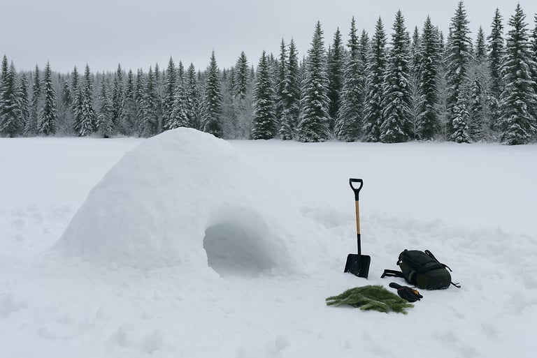 Igloo-style snow shelter with shovel and winter bushcraft gear in snowy forest survival setting
