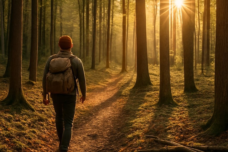 Solo hiker walking through sunlit pine forest symbolizing mental focus, backcountry trekking, and survival resilience