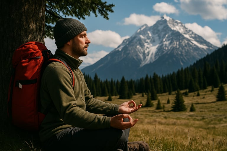 Backpacker meditating in alpine wilderness for mental clarity, promoting calm and focus in survival situations