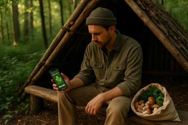 Man sitting beside lean-to shelter with wild mushrooms and plant basket using foraging phone app