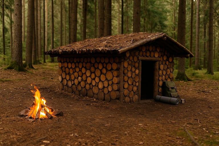 Cordwood survival shelter built from stacked logs in forest