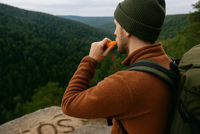 Hiker blowing emergency whistle on ridge overlooking forest with SOS rocks below