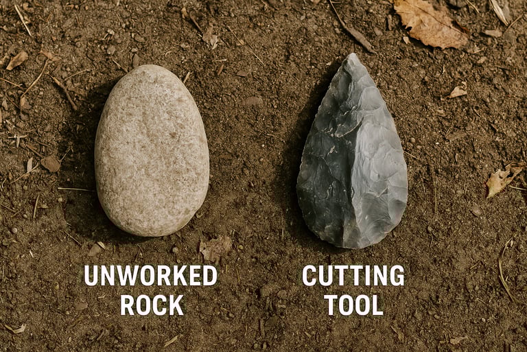 Comparison of unworked stone and hand carved flint cutting tool for primitive bushcraft and survival tool crafting