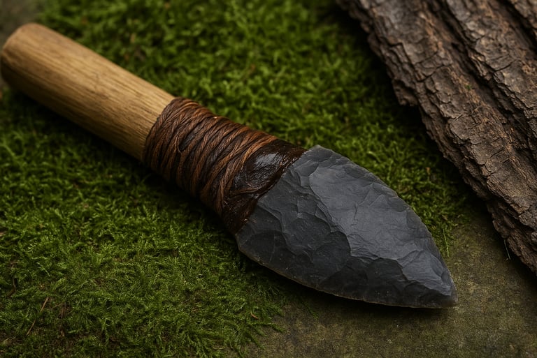 Close-up of primitive stone axe with wrapped handle on forest floor for wilderness tool making and bushcraft skills