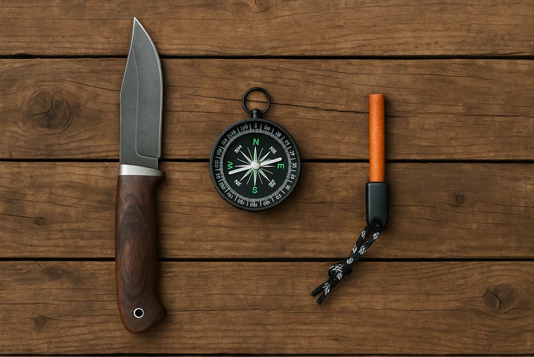 Survival knife compass and firestarter gear laid out on wooden table