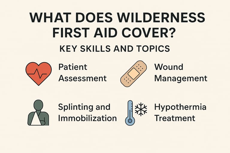 Wilderness first aid training overview graphic, covering wound care, splinting, hypothermia, and emergency skills