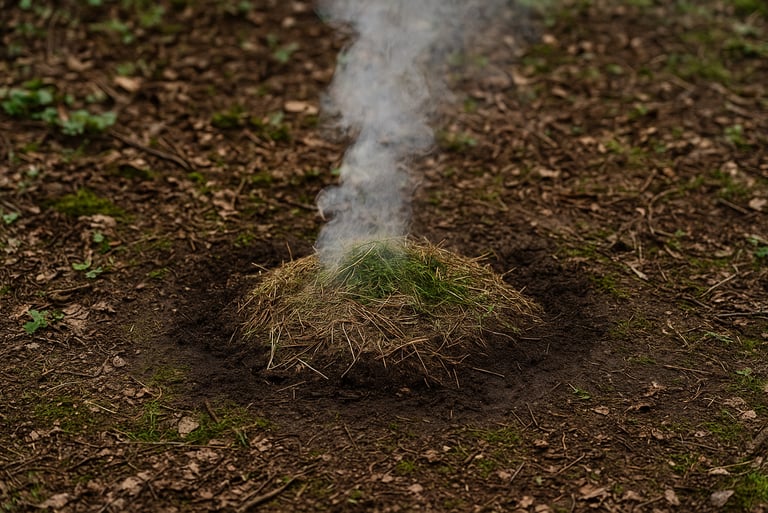 Grass smoke signal rising from forest floor as emergency wilderness distress call